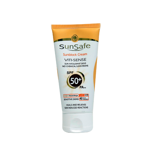 کرم-ضد-آفتاب-رنگی-سان-سیف-+SPF50-فاقد-جاذب-های-شیمیایی-مناسب-پوست-حساس-۵۰-میلی-لیتر---Sunsafe-Sunsblock-SPF50+-Viti-Sense-Cream-50-ml